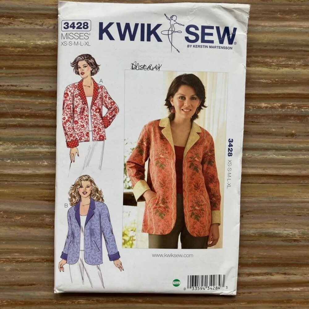 UNCUT Sewing Pattern Kwik Sew 3428 Misses Reversible Jacket Straight-cut XS-XL